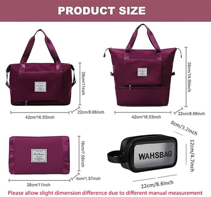 Large Capacity Travel Bag, Foldable Travel Bag, Expandable Duffel Bag, Collapsible Waterproof Large Capacity Handbag, Overnight Bags for Women and Man (Fuchsia+Toiletry Bag) - Image 3