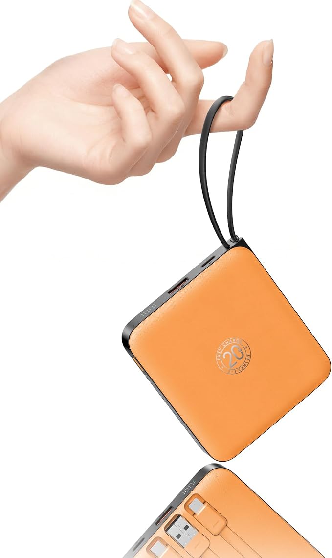 Portable Charger USB C for iPhone, 10000mAh Power Bank with Built-in Cables | 22.5W Fast Charging, LED Display, Slim, for iPhone 17 Pro Max & 16/15 Series (Orange) by Home