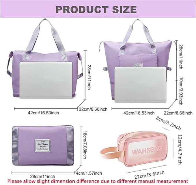 Large Capacity Travel Bag, Foldable Travel Bag, Expandable Duffel Bag, Collapsible Waterproof Large Capacity Handbag, Overnight Bags for Women and Man(Light Purple+Toiletry Bag) - Image 3