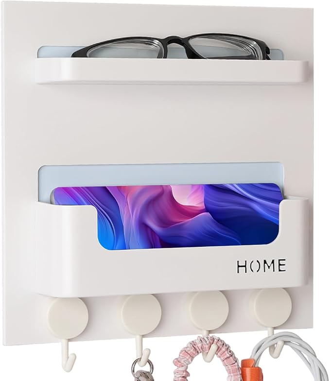 Updated Bedside Shelf Wall Mount Phone Holder Organizer Stick On Adhesive Damage Free Hanging Strips 4 Hooks Teenager Dorm Room Essentials Decoration Gasses Remotes Keys Snacks (White) by EHKIT
