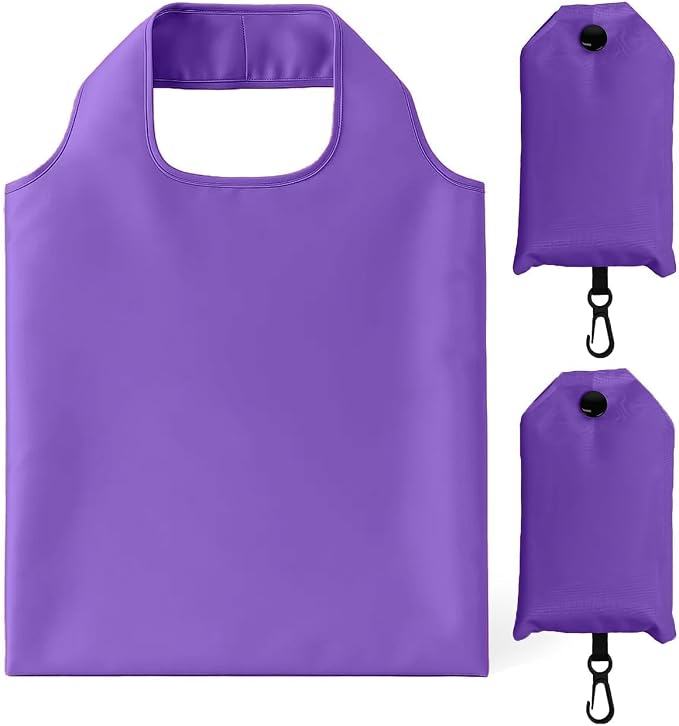 2 Pack Foldable Shopping Bag, Reusable Grocery Tote Bag, Purple | Waterproof Nylon, 35 Pounds Weight Capacity, Pocket Size Carrier by Unknown