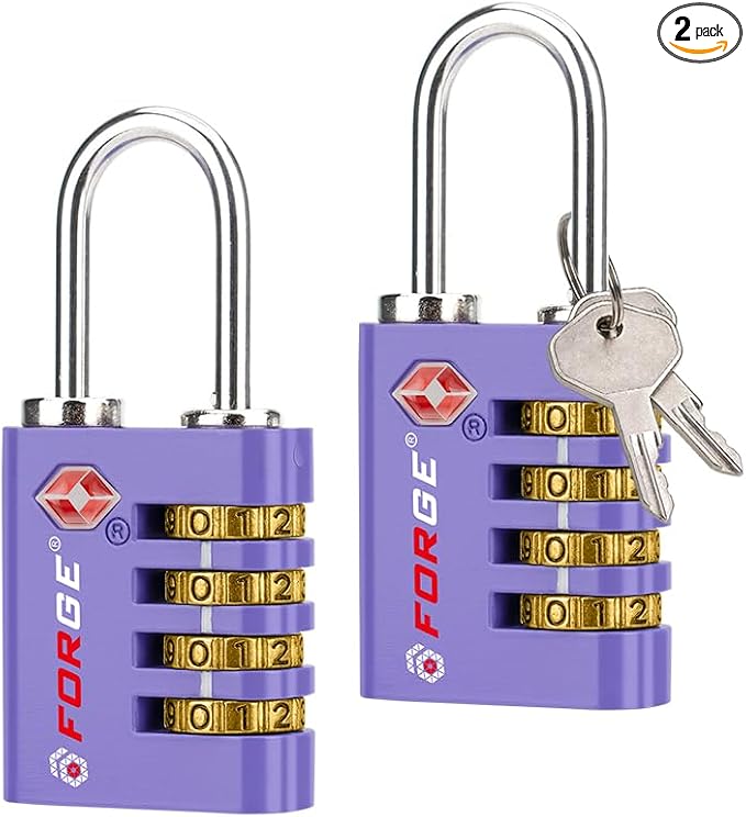 Forge Dual-Opening: Key or Combination Access Lock, TSA Approved Locks for Luggage, Pelican case, Travel, Gym, School, Stainless Steel Shackle. (Purple, 2 Pk) by Forge