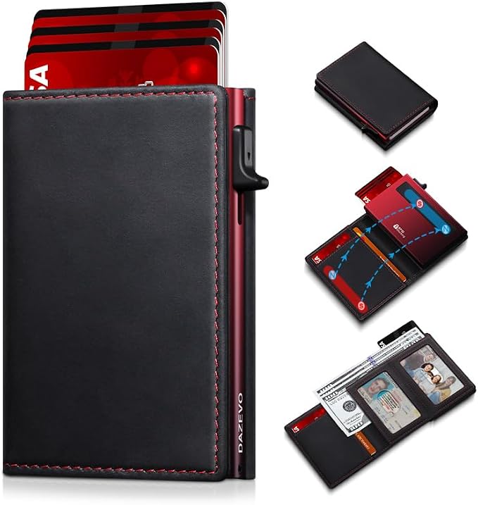 Wallet for Men Full Grain Leather Wallet with 2 ID Windows RFID Blocking Trifold Pop Up Credit Card Holder Wallet 9-11 Cards Slim Minimalist Genuine Leather Wallet for Men-Black Red by Unknown