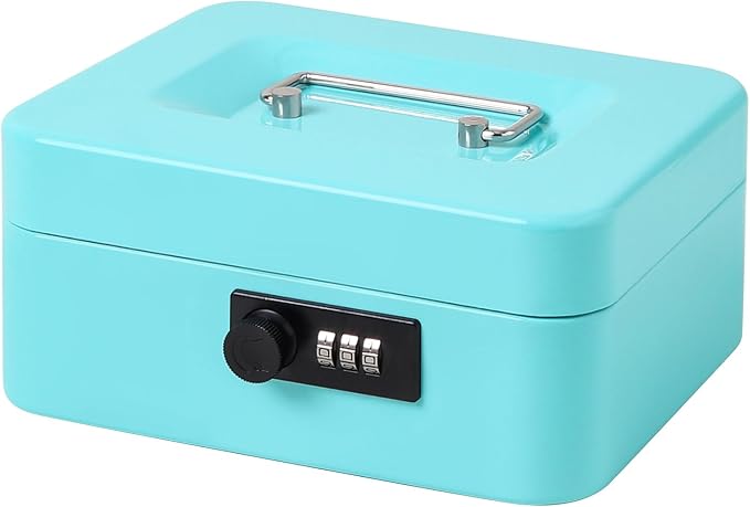 Jssmst Medium Cash Box with Combination Lock - Durable Metal Cash Box with Money Tray,light blue,7.87 x 6.3 x 3.35 inches by Jssmst