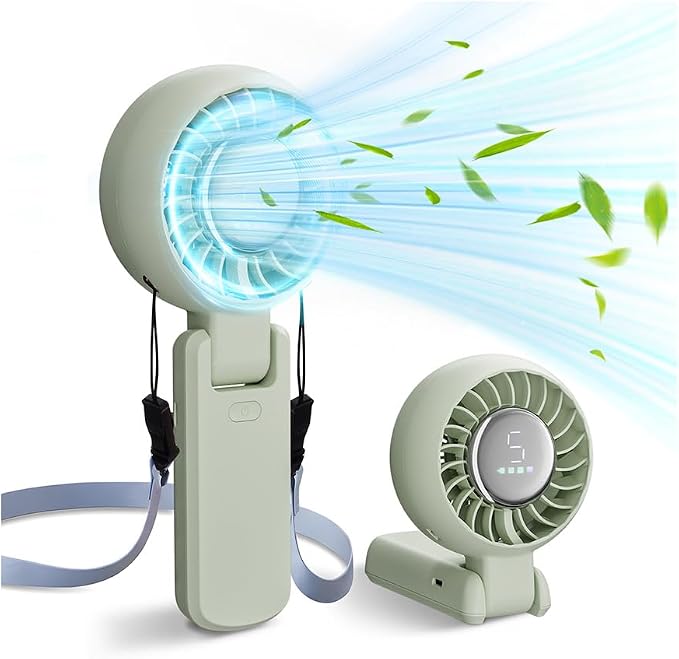 ZOZOO Portable Fan, USB Rechargeable 194°Folding Handheld Fan,5 Speed&LED Display &High Power Motor Table Fan, 3 IN 1 Quiet Strong personal Neck fans for Travel,Camping,Beach (Green) by ZOZOO