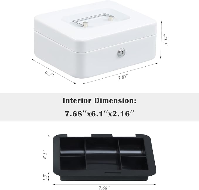 xydled Medium Cash Box with Lock, Removable Coin Tray, Steel Money Box, White - Image 5