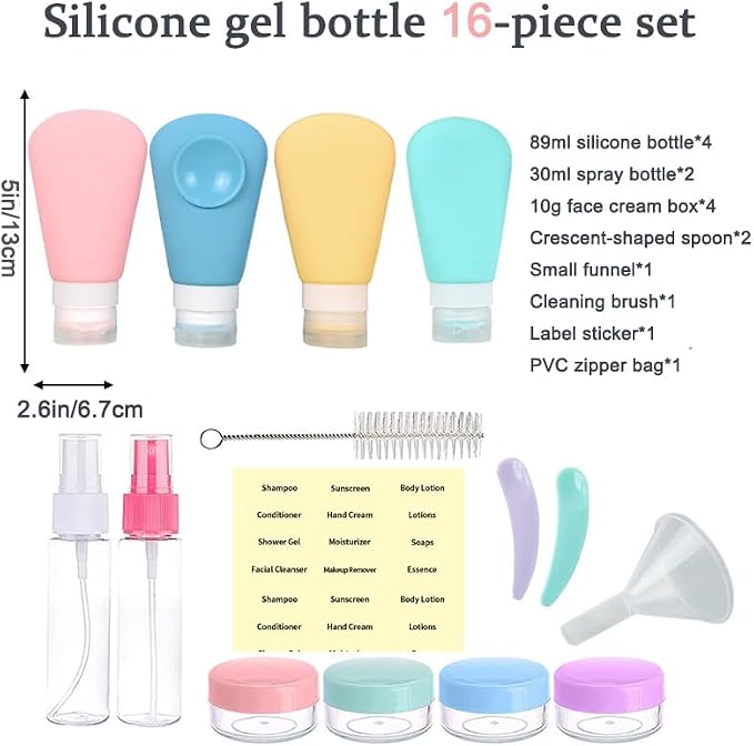 16-Piece Silicone Travel Bottle Set with Suction Cups - Leak-Proof Refillable Containers for Shampoo, Lotion, Cream (89ml+30ml) - Includes Cosmetic Jars, Funnel, Brush & Labels - Image 8