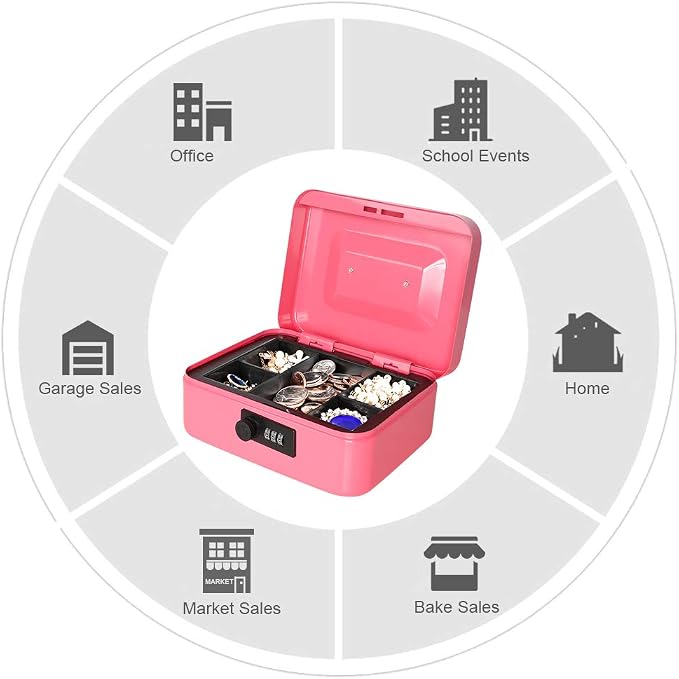 Jssmst Medium Cash Box with Combination Lock - Durable Metal Cash Box with Money Tray Pink,7.87 x 6.3 x 3.35 inches,CB0704M - Image 6