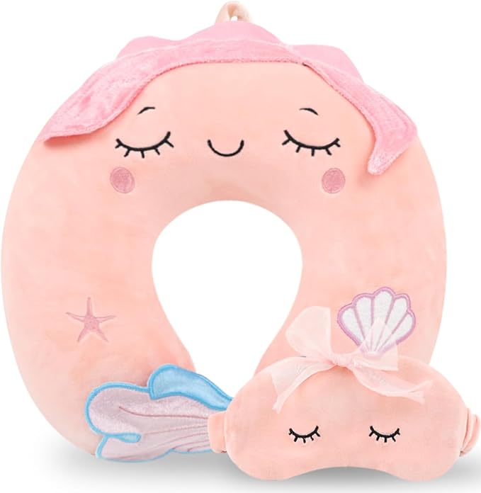 Travel Pillow, Travel Accessories for Car Airplane Traveling, Soft Memory Foam Kids Travel Pillow with Sleep Eye Mask Kids Neck Pillow for Boys & Girls - Cute Pink Mermaid by MissSoul