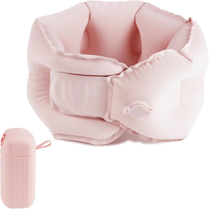 Inflatable Travel Neck Pillow, U-Shape, Dark Gray Nylon, Portable for Airplane, Train, Car, Office Use, Adult Size (Pink) by Unknown