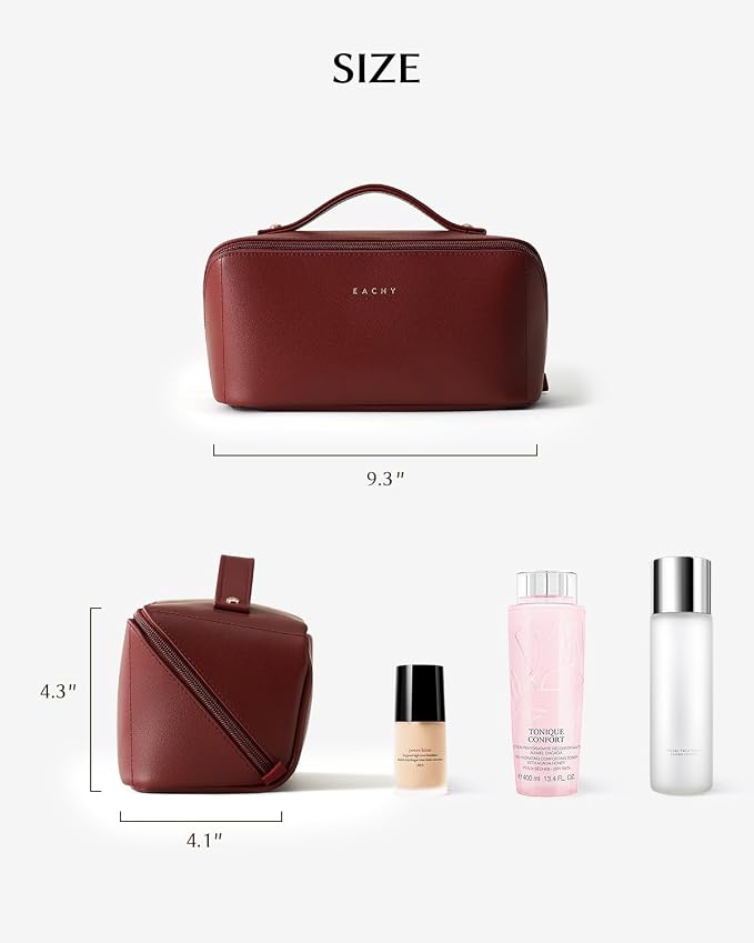 EACHY Travel Makeup Bag for Women, Flat Open Cosmetic Bag, Red, Medium | PU leather organizer with flat-open access, storage pockets and clear TPU brush compartment for daily makeup and toiletries - Image 4