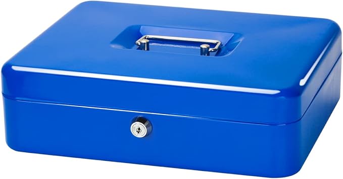 Jssmst Large Cash Box with Key Lock - Durable Metal Cash Box with Money Tray, 11.81 x 9.84 x 3.46 inches (X-Large, Blue) by Jssmst