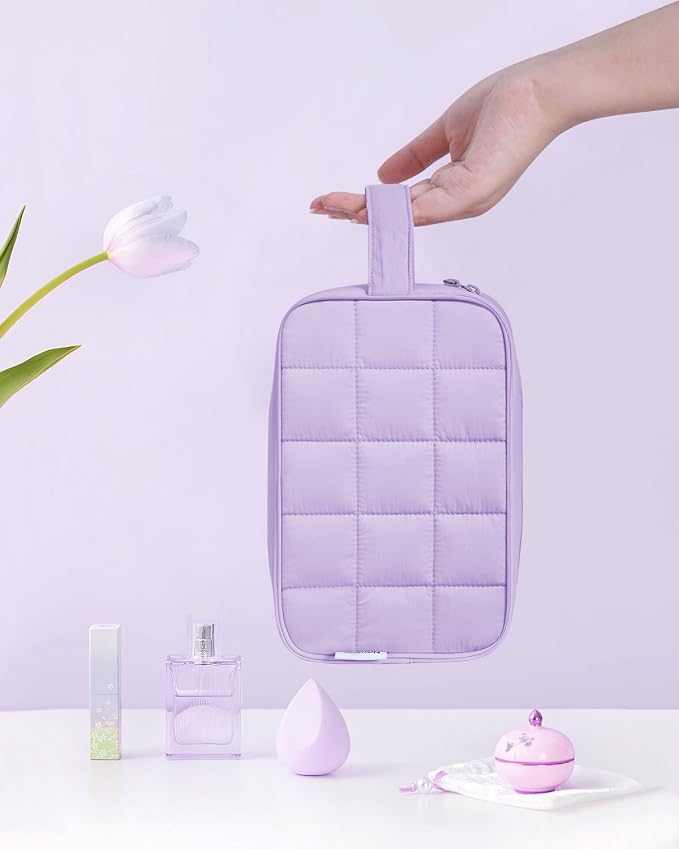 Narwey Quilted Makeup Bag Puffy Make up Bag Cosmetic Bag Organizer, Puffer Travel Toiletry Bag for Traveling Women Girl, Travel Bag for Toiletries, Skincare Medicine Bags (Purple) - Image 6