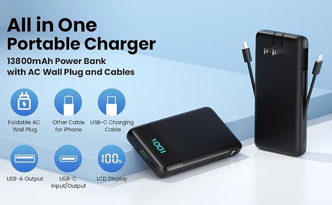 Portable Charger for iPhone with Built-in Cables and Wall Plug,Upgraded 13800mAh Fast Charging USB C Power Bank,4 Outputs Slim Travel Essential Battery Pack for iPhone 17/16/15/14/13,Galaxy,Android - Image 9