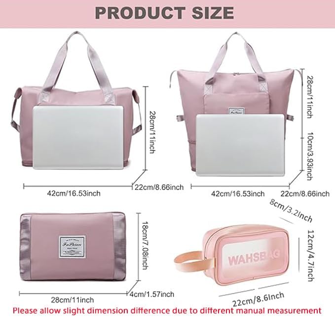 Large Capacity Travel Bag, Foldable Travel Bag, Expandable Duffel Bag, Collapsible Waterproof Large Capacity Handbag, Overnight Bags for Women and Man (Pink+Toiletry Bag) - Image 4