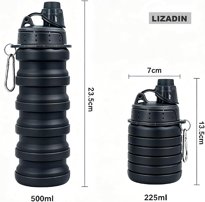 Collapsible Water Bottles 2Pack,17OZ Silicone Bottle (Black+Blue) | 500ml Reusable silicone Collapsible Water Bottles for Traveling with Carabiner,Leak-Proof ,BFA -Free ,Sport Camping Hiking - Image 5