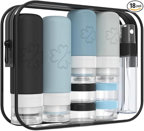 18 Pack TSA Approved Travel Bottles for Toiletries – Leak Proof Silicone Refillable Containers Set with Toiletry Bag, Squeeze Bottles, Spray Bottles & Cream Jars for Shampoo, Conditioner & Lotion by Unknown