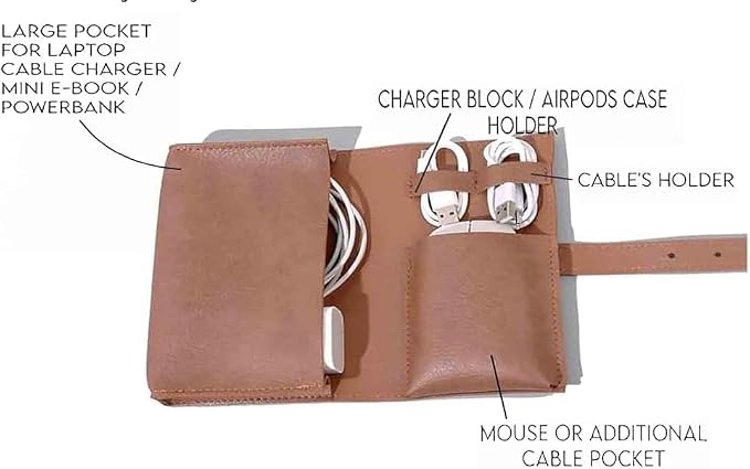 Vintage Tech leather Electronic organizer travel case,cord organizer travel, Leather charger shortage for essentials mouse, adapter, cables (dark grey) - Image 4