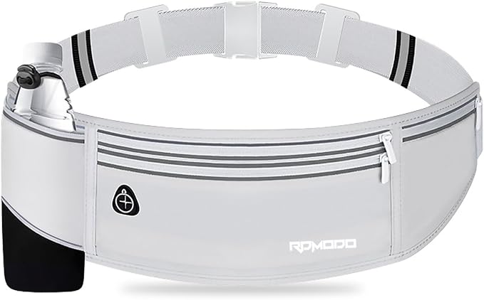 Fanny Pack with Water Bottle Holder, Running Hydration Belt, Grey | Water Resistant Waist Pack, Slim Runner Belt for iPhone Samsung, No Bounce, 4 Pocket Phone Holder for Running Walking, Unisex by RDMODO