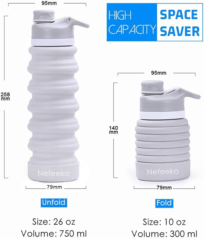 Nefeeko Collapsible Water Bottle, 26oz Silicone Foldable Water Bottles | Leakproof BPA Free Travel Water Bottles with Carabiner,Portable Sport Water Bottles for Camping,Hiking Outdoor Indoor Sport - Image 2