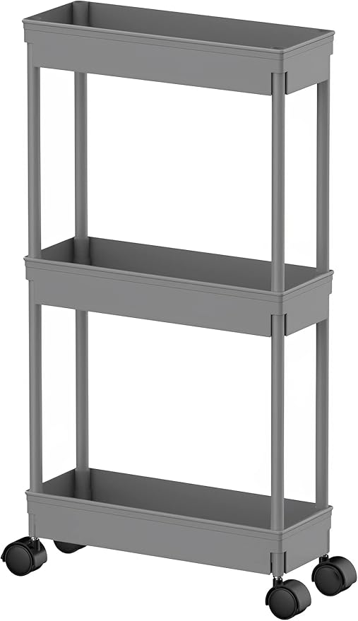 Sooyee Slim Storage Cart,3 Tier Bathroom Rolling Utility Cart Storage Organizer Slide Out Cart, Mobile Shelving Unit Organizer Trolley for Office Bathroom Kitchen Laundry Room Narrow Places, Grey by Sooyee