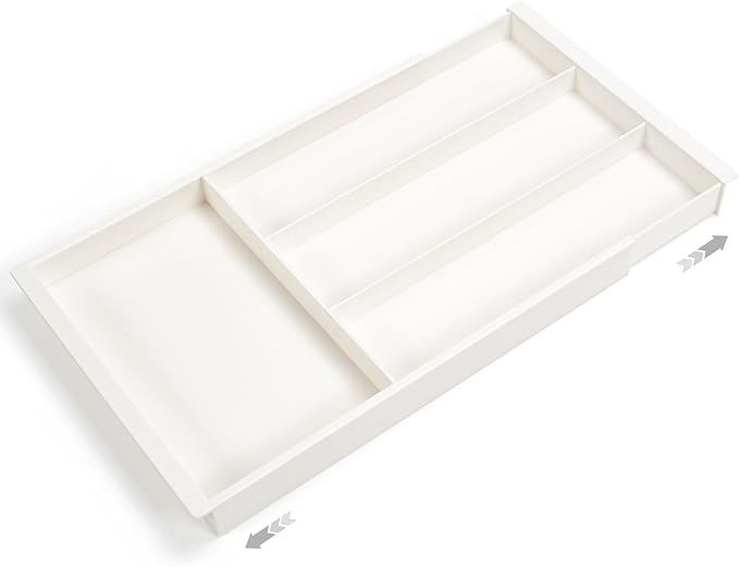 Silverware Drawer Organizer Tray (Cream) | Adjustable Small Utensil Holder for Spoon and Fork, Expandable Flatware Cutlery Tray for Kitchen Drawers by AOGEWON
