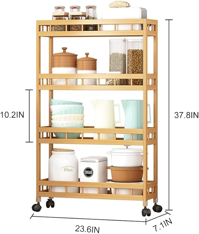 4-Tier Bamboo Utility Kitchen Rolling Cart Trolley Island Storage Shelf | (23.6" L X 7.1" W X 37.8" H) Wood Removable Multi-Layer Rack on Wheels - Image 2
