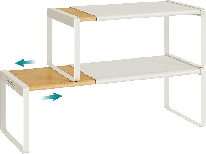 SONGMICS HOME Spice Rack, Expandable Cupboard Shelf Orgnizer,Bamboo | Kitchen Counter Shelves, Bamboo and Metal, Stackable, Natural Beige and Cream White, BYSTRO Collection UKCS051N01 by SONGMICSHOME
