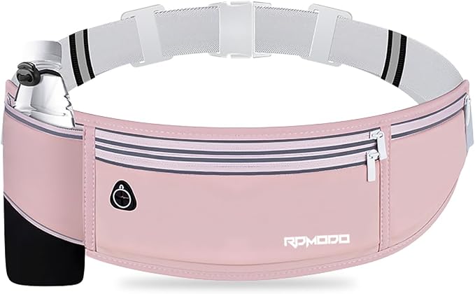 Hydration Waist Pack for Women Men for Running Outdoor, Pink | Slim Running Belt with Water Bottle Holder, 4 Pocket Large Capacity, Lightweight & Reflective, Fanny Pack for iPhone Samsung by RDMODO