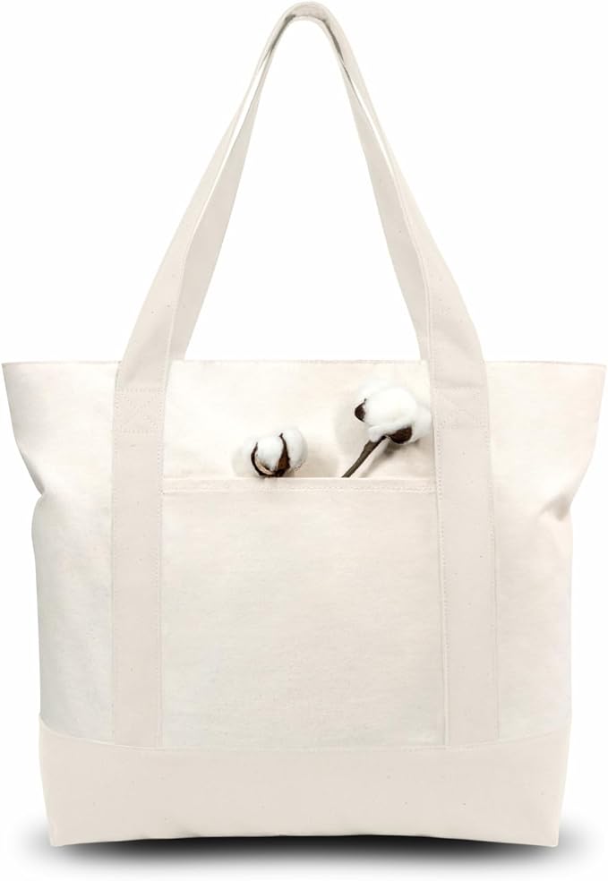 TOPDesign 1-Pack Canvas Tote Bag with an External Pocket, Reusable Grocery Shopping Bag, Top Zipper Closure, Daily Essentials (Natural) by TOPDesign