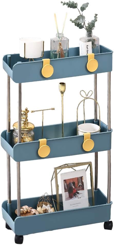 Melody House 3-Tier Slim Mobile Shelving Unit on Wheels, Slide Out Rolling Bathroom Storage Organizer, Utility Carts Shelf Rack for Kitchen Bathroom Laundry Room Narrow Places, Navy Blue by MelodyHouse