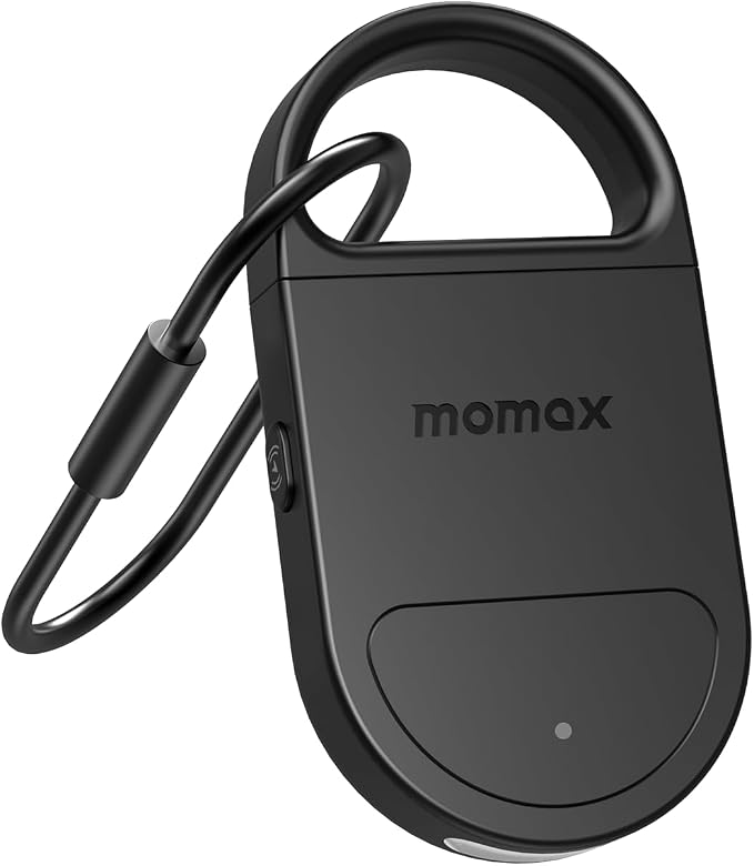 Momax Key Finder Tracker Tag – Smart Personal Alarm Rechargeable Tracking Device with SOS Alert & LED Strobe, Find My (iOS Only), Anti-Lost Tags with Keychain, Travel Gadget for Women, Girls, Black by MOMAX