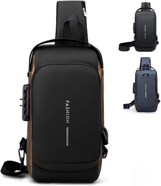 Travel Sling Bag Waterproof Crossbody Bag with Combination Lock Anti-Theft PU Leather Chest Bag with USB Charging Hole Shoulder Backpack Motorcycle Bags Black-gold by Unknown