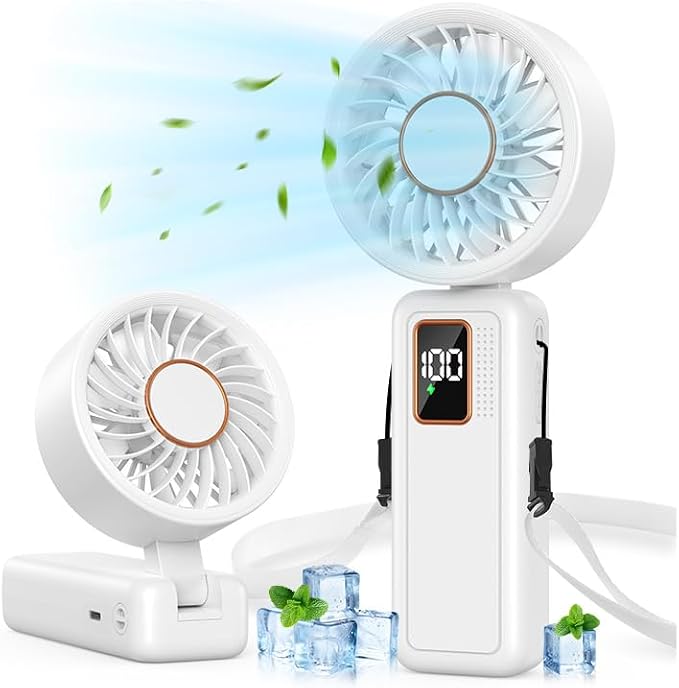 Handheld Fan, 5 Speed & 14H Cooling Time Portable Fan, 6000mAh USB Rechargeable Mini Fan with LED Display, Powerful but Quiet, Foldable Desk Fan, Lanyard for Neck Fan, Personal Fan for Travel/Office by JTSIOV
