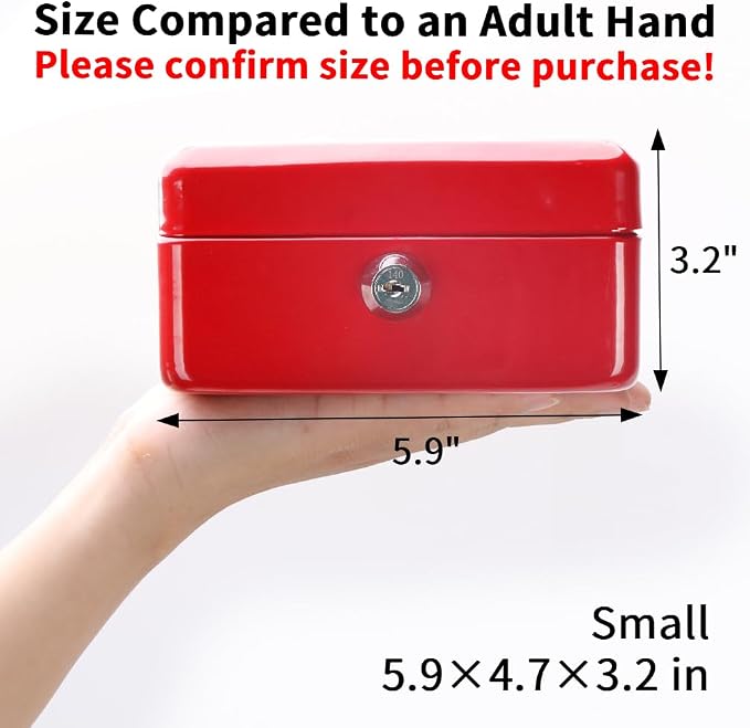 Decaller Small Cash Box with Key Lock, Double Layer Metal Money Box for Home Security, Portable Locking Box, 5.9" x 4.7" x 3.2", Red - Image 5