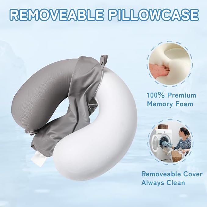 Cooling Travel Neck Pillow, Cool to Touch Memory Foam, Grey | Removable cover, machine washable, 360 degree chin support, slow rebound foam, airplane and car rides, hanging portability - Image 3