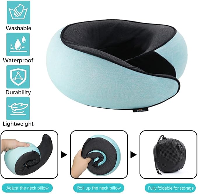 Travel Neck Pillow | Memory Foam Neck Pillow, New Portable U-Shaped Pillow with Neck Support, Washable Cover, Compact for Plane, Office, Bus, Train, Sofa, Nap–Includes Storage Bag - Cyan - Image 2