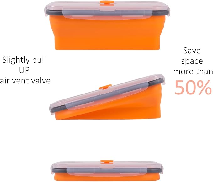 Collapsible Food Storage Containers with Airtight Lid & Vent, 40.5 oz, Kitchen Stacking Silicone Collapsible Meal Prep Container Set for Leftover, Microwave Freezer Dishwasher Safe, Orange, Set of 4 - Image 3