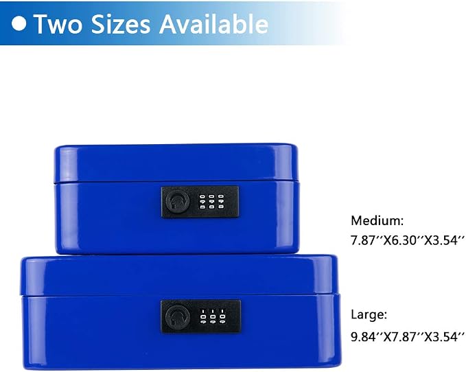 KYODOLED Large Cash Box with Combination Lock,Safe Metal Box for Money, Storage Lock Box with Money Tray,9.84"x 7.87"x 3.54" Blue Large - Image 5