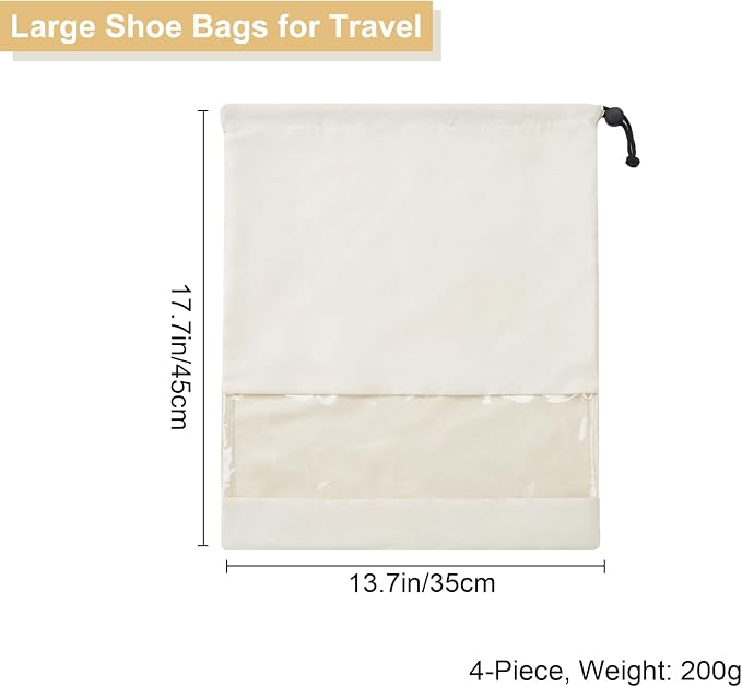 4 Pcs Shoe Bags for Travel with Clear TPU Window & Drawstring Closure | 13.8"x17.7" Fits Most Shoes, Dust Resistant, Washable & Reusable, Travel Shoe Storage Bags for Men & Women - Image 3