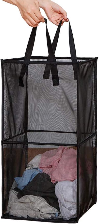 HONOMA Laundry Bags Hamper Bag with Handles,Portable & Collapsible Dirty Clothes Mesh Basket Foldable for Washing Storage, Kids Room,Dorm or Travel (Black,Double-Layer) by HONOMA