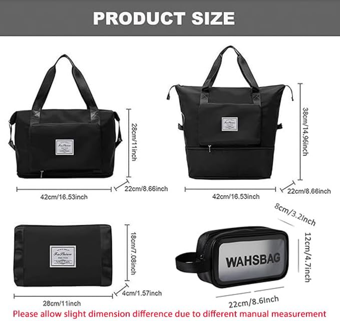 Large Capacity Travel Bag, Foldable Travel Bag, Expandable Duffel Bag, Collapsible Waterproof Large Capacity Handbag, Overnight Bags for Women and Man (Black+Toiletry Bag) - Image 3