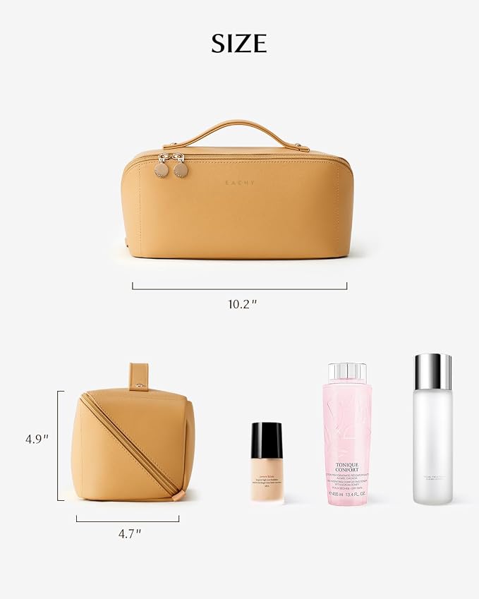 EACHY Travel Makeup Bag for Women, Flat Open Cosmetic Bag, Yellow, Large | PU leather organizer with flat-open access, storage pockets and clear TPU brush compartment for daily makeup and toiletries - Image 4