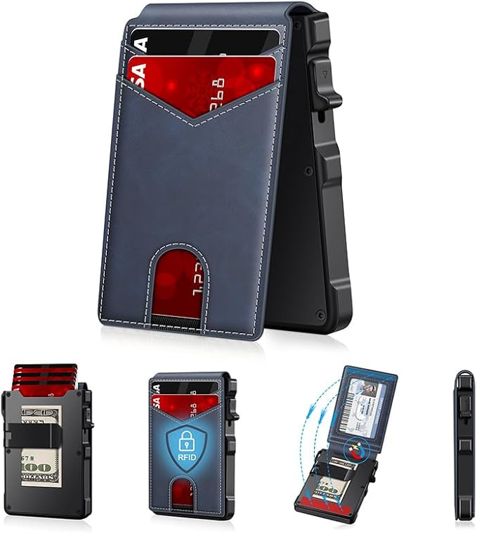 Wallet for Men RFID Blocking Wallet for 10-12 Cards Slim Bifold Minimalist Smart Pop Up Wallet with Money Clip Inside & ID Window Compact Front Pocket Metal Credit Card Holder Birthday Gifts for Men by KIKVES