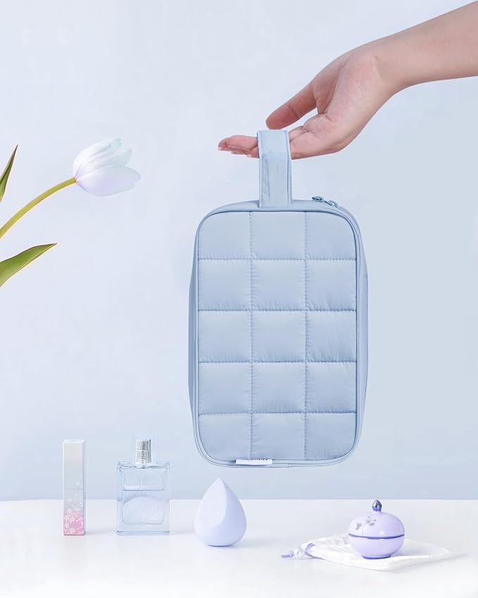 Narwey Puffy Travel Toiletry Bag for Traveling Women Girl, Travel Bag for Toiletries, Cute Makeup Bag Cosmetic Bag Organizer, Quilted Make Up Skincare Medicine Bags (Blue) - Image 6