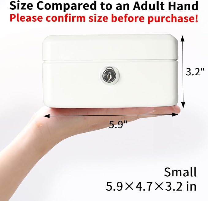 Decaller Small Cash Box with Key Lock, Double Layer Metal Money Box for Home Security, Portable Locking Box, 5.9" x 4.7" x 3.2", White - Image 5