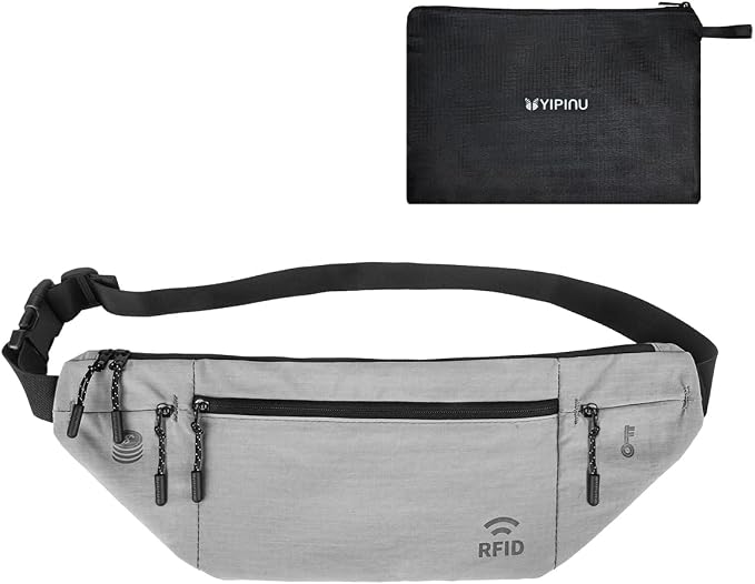 Travel Money Belt for Men and Women hidden slim passport holder - travel wallet with RFID blocking under clothes to protect Cash, Credit Cards and Documents (GRAY) by YIPINU