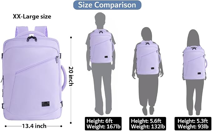 MATEIN Extra Large Travel Backpack for Women, Expandable Carryon Daypack | Personal Item Size, Adjustable Shoulder Strap, Airline Approved, For Travelling Hiking Camping Gym, Cute Gifts, Light Purple - Image 3