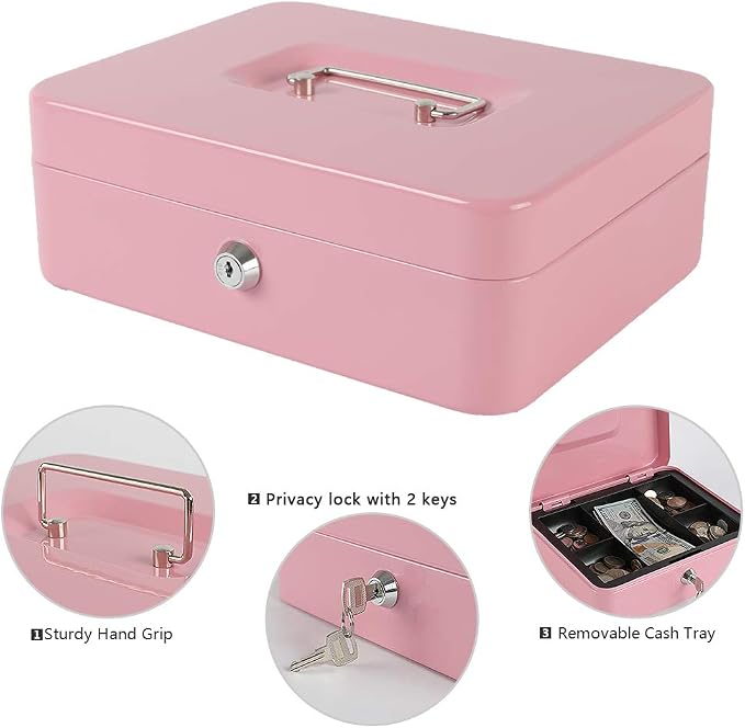 xydled Large Cash Box with Lock, Removable Coin Tray, Steel Money Box, Pink | Steel Cash Box with Key Lock, Removable Tray & Carry Handle, for Office, Retail, Home, and Money Storage, 9.8"x 7.8"x 3.5" - Image 7
