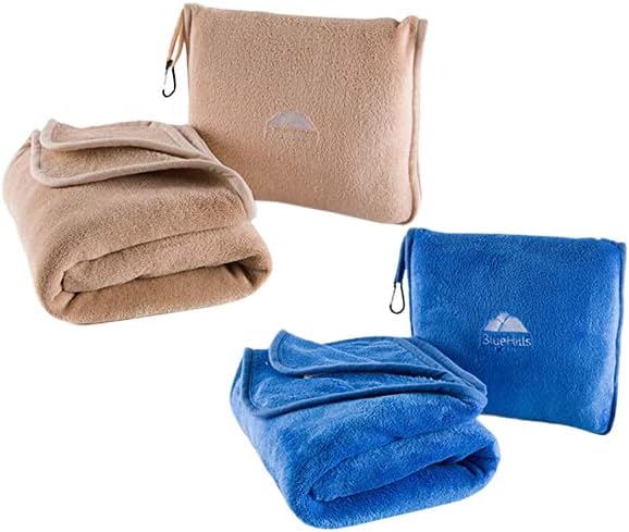 BlueHills Premium Soft Plush Travel Blanket Value Pack Set of 2 - Airplane Travel Essential Flight Blanket Throw in a case Compact Car Plane Travel Gift – Beige and Royal Blue. by BlueHills